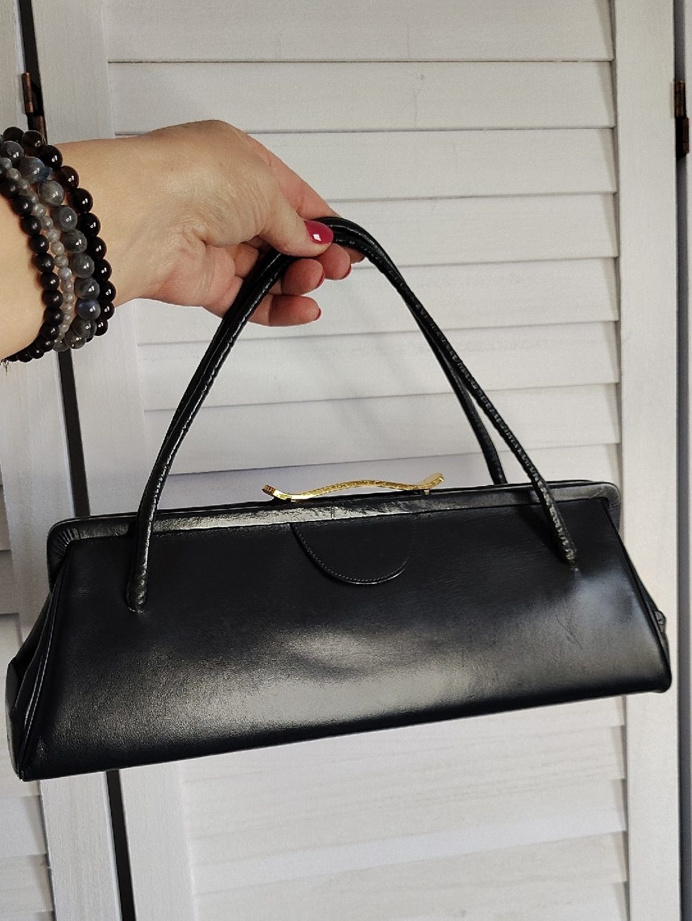 Vintage Leather Shoulder Clutch with Gold Clasp